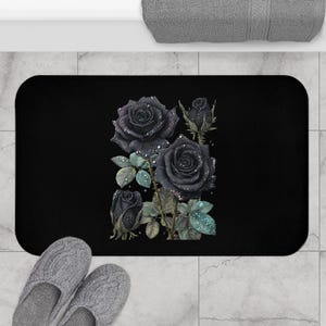 Tappetino da bagno con rose gotiche nere, tappeto da bagno floreale scuro