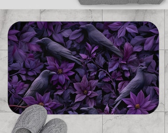 Tapete de Banho com Clematis Roxa e Corvos - Decoração Floral para Banheiro com Corvos