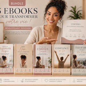 May include: A collection of five ebooks focused on personal development, with titles such as "Managing Toxic People" and "Confidence in Yourself." The image shows a woman holding a box set of the ebooks, with the titles visible on the spines.