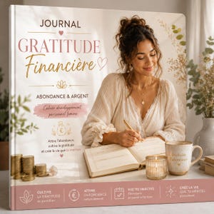 May include: A journal titled "Gratitude Financière" with gold lettering and a heart symbol. The journal is open, with a woman writing in it. A mug with the text "Je choisis l'abondance" and a lit candle are on the table. The journal's theme is abundance and personal development.
