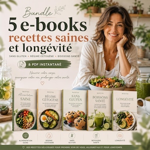 May include: A promotional image for a bundle of 5 e-books focused on healthy recipes and longevity. The books cover topics like gluten-free, ketogenic diets, and healthy drinks. The image features a woman smiling with a salad and a jar of green juice.