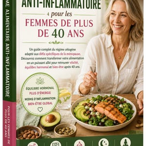 May include: A book cover with the title "Régime Alimentaire Anti-Inflammatoire + pour les Femmes de Plus de 40 Ans" in green and white. The cover features a woman smiling while eating a salad with salmon and avocado. The book promotes hormonal balance, energy, and reduced inflammation.