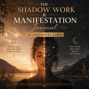 Peut inclure: Couverture de livre avec le titre "The Shadow Work & Manifestation Journal" en lettres dorées. L'image présente le visage d'une femme divisé en deux, avec un symbole de soleil et de lune de chaque côté. Le texte comprend "14 lois universelles" et des phrases inspirantes.