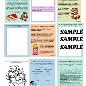 May include: A colorful educational book spread open, featuring text and illustrations about stress and anxiety. The pages include characters like Mario, Yoshi, and Bowser, along with prompts for drawing and defining key terms. The book aims to help readers understand and manage their emotions.