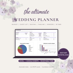Wedding Planner Spreadsheet Excel Google Sheets, Wedding Budget Tracker, Guest List RSVP, Seating Chart, Timeline, 18 Tabs, Digital Download