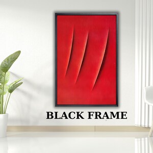 May include: A rectangular wall art piece featuring a vibrant red surface with three distinct, vertical, curved indentations that create a sense of depth and shadow. The artwork is enclosed within a thin, solid black frame. The text BLACK FRAME is visible.