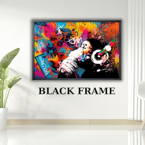 May include: A framed art print featuring a colorful abstract design with a person wearing headphones. The artwork has a black frame and the text "BLACK FRAME" is below the image. The background is a white wall.