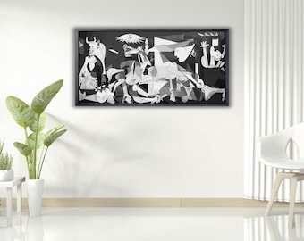 ピカソ「ゲルニカ」の絵画プリント：白黒キャンバスウォールアート