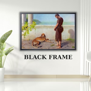May include: A framed wall art print featuring a painting of a person standing near a stone wall with a brown dog lying on the ground. The scene includes a column, green vines, and a distant sea view. The artwork is enclosed in a black frame.