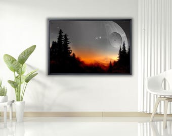May include: Framed art print featuring a science fiction landscape. The artwork depicts a large, spherical space station with a detailed surface, set against a dramatic sky with silhouetted trees and a fiery sunset. The print is in a black frame.