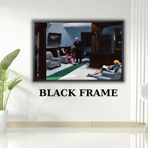 May include: A framed print of a painting depicting a hotel lobby scene with a man in a dark suit standing near a seated woman in a red dress, and another woman in a blue dress reading on a sofa. The artwork is enclosed in a black frame.