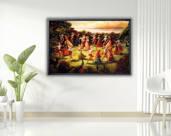 Canvaskunst Radha Krishna-dans: hindoe-rasa lila, Indiaas cadeau