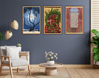 Set van 3 Dragon 2 in Red Book van Carl Jung schilderij print, Carl Jung muurkunst, Carl Jung mandala's kunstwerken, The Red Book Dream van Carl Jung
