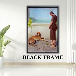 Puede incluir: Una pieza de arte mural rectangular que presenta una pintura de una persona de pie junto a un perro grande de color marrón en una terraza de piedra con vistas al mar, encerrada en un marco negro fino. El texto BLACK FRAME aparece debajo.