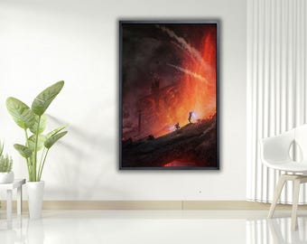 May include: Framed artwork depicting a dramatic, fiery landscape with silhouetted figures on a ridge. The artwork features a dark, ominous sky and a vibrant, orange and red volcanic eruption, creating a striking contrast.