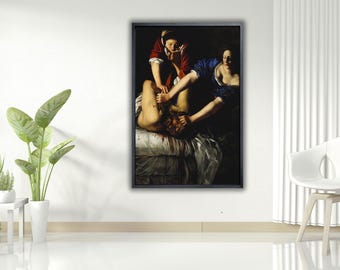 Quadro em tela representando Judite decapitando Holofernes | Pintura clássica barroca | Tela emoldurada ou sem moldura | Decoração de arte histórica