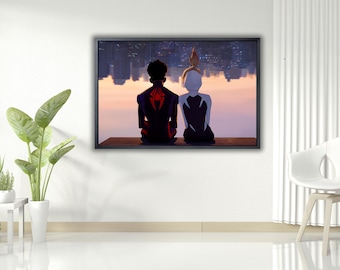 Arte mural de Miles Morales y Gwen Stacy, lienzo de Spider-Man listo para colgar, regalo para fans de Spider-Man, póster de Miles Morales, idea de decoración de pared para niños