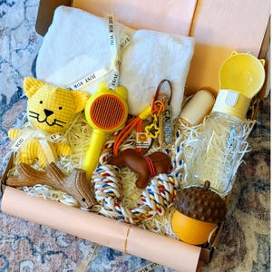 May include: A gift box filled with pet supplies, including a yellow cat-shaped toy, a brush, a water bottle, a rope toy, a brown dog toy, and a plush towel. The box is tied with a ribbon that says "Just For You".