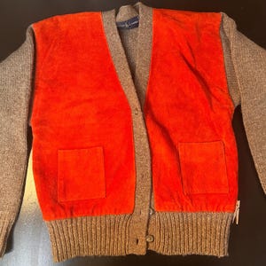 Vintage RALPH LAUREN Wool Suede Leather Cardigan Button Sweater 90s Polo S