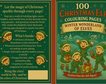 May include: A Christmas-themed coloring book with a green cover featuring elves and the text "100 Christmas Elf Colouring Pages". The book promises festive fun for all ages with 100 elf-themed illustrations.