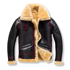 Men’s Shearling Leather Aviator Jacket – Brown B3 Bomber with Fur Collar, Winter Flight Jacket