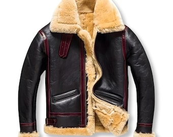 Herren Lammfell Leder Fliegerjacke - Brauner B3 Bomber mit Pelzkragen, Winter Fliegerjacke