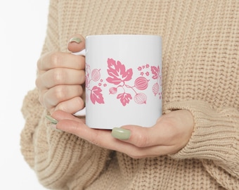 Op Pyrex geïnspireerde roze kruisbesmok, vintage retro koffiekop met bloemen, 11oz 15oz