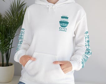 Hoodie met amish-boterprint, op Pyrex geïnspireerde boerderijprint, blauwgroen mouwontwerp