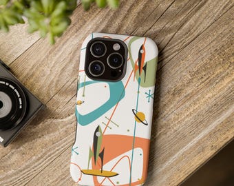 iPhone-hoesje uit het midden van de eeuw modern raket, Atomic Space Age geometrisch retro stoer telefoonhoesje, MCM-telefoonhoesje uit de jaren 50 en 60