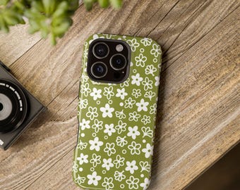 Op Pyrex geïnspireerd iPhone-hoesje Crazy Daisy, lentebloesemgroene bloemen MagSafe stoer telefoonhoesje