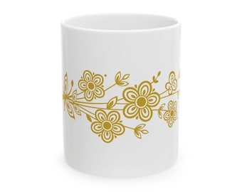 1979 mok gouden vlinderstijl, op Pyrex geïnspireerde gele bloemen koffiekop 11oz 15oz, vintage keukendecor