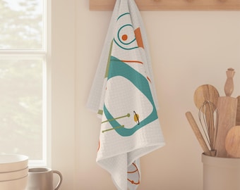 Halverwege de eeuw moderne zwarte kat keukenhanddoek, atomaire geometrische theedoek, retro MCM theedoek, keukendecor jaren 1950 1960