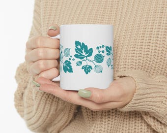 Op Pyrex geïnspireerde blauwgroene kruisbesmok, vintage retro koffiekop met bloemen, 11 oz 15 oz