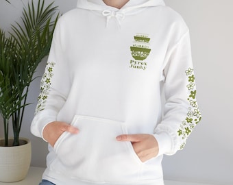 Gepersonaliseerde op Pyrex geïnspireerde hoodie voor gekke madeliefjes, lentebloesem groene avocado madeliefje print mouw, Pyrex junkie-trui