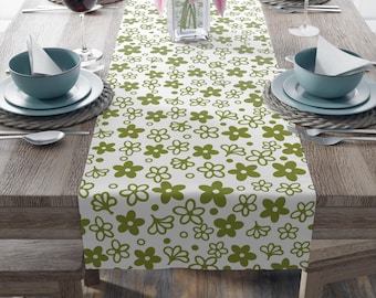 Tafelloper met avocadogroene margriet, retro keukendecor
