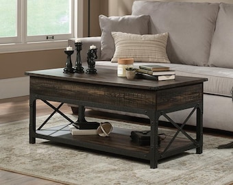 Lift Top Coffee Table with Storage, Carbon Oak, Industrial Metal Accents
