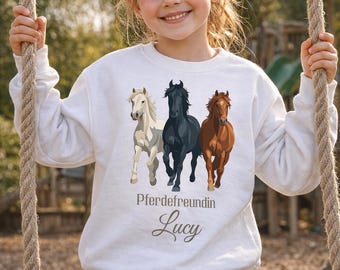 Gepersonaliseerde kindertrui met paardenmotief, trui voor paardenliefhebbers met naam, meisjeshemd met paardenprint, cadeau voor paardenliefhebbers, kindertrui