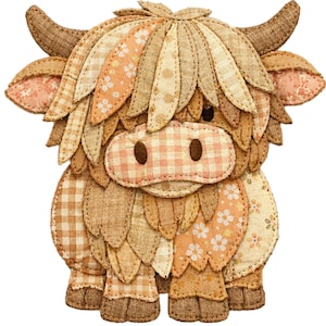 May include: A handcrafted, patchwork-style Highland cow figure. The plush toy features a mix of patterned fabrics in shades of brown, beige, and peach. The cow has horns, ears, and a shaggy mane, with a gingham snout and floral accents.