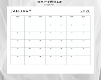 Calendário minimalista para imprimir 2026 | 12 meses (início na segunda-feira) + calendário anual de uma página (início no domingo) | A4, Carta (EUA) | Planejador em PDF em preto e branco