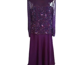 Vtg Adrianna Papell 100% Silk Beaded Maxi Dress Sz 6 Purple Drop Waist Sheer