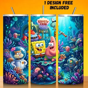May include: Three stainless steel tumblers with a colorful cartoon design featuring characters from the animated series, SpongeBob SquarePants. The design includes the Krusty Krab restaurant, SpongeBob, Patrick, Sandy, and other characters in an underwater scene. The text "1 DESIGN FREE INCLUDED" is at the top.