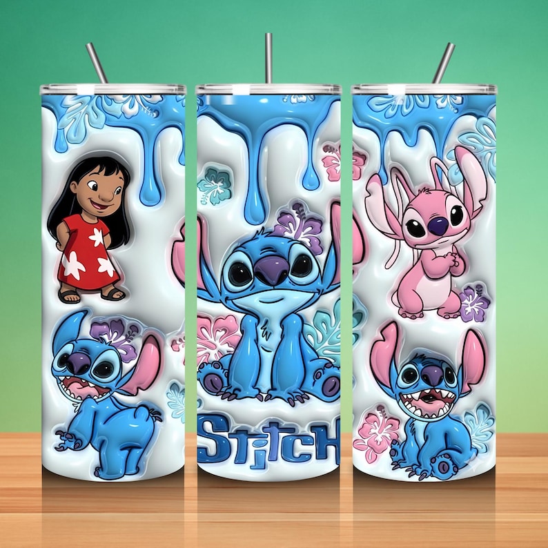 May include: Three stainless steel tumblers with straws, featuring characters from the animated film Lilo & Stitch. The tumblers have a white background with blue drips and floral accents. The word "Stitch" is printed on one tumbler.