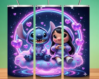 Lilo and Stitch Neon Tumbler Wrap, 3D Love Design (PNG Digital Download)