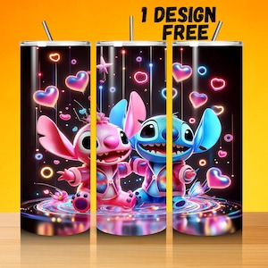 K&ouml;nnte beinhalten: Ein zylindrischer Becher mit schwarzem Hintergrund und einer Neon-Grafik von zwei Zeichentrickfiguren, eine rosa und eine blau, umgeben von leuchtenden Herzen und Lichtstreifen. Der Text 1 DESIGN FREE ist oben in der Mitte aufgedruckt.