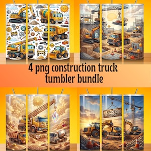 Può includere: Un set di quattro bicchieri cilindrici con disegni di veicoli da cantiere animati e colorati, tra cui escavatori, autocarri con cassone ribaltabile e gru, con vari attrezzi, coni stradali e scenari di cantiere, completi di cannucce in metallo.