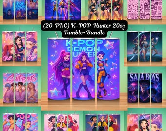 20 K-Pop 20oz Tumbler Wrap PNG Bundle, Demon Hunters Tumbler, Gift For Huntrix Fan, Anime K-Pop Character PNG, Custom Name Tumbler Wrap