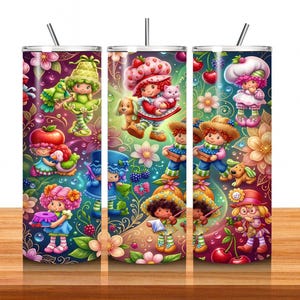 May include: Three stainless steel tumblers with colorful illustrations of cartoon characters in a garden setting. The characters are surrounded by flowers, fruits, and berries. Each tumbler has a silver straw.
