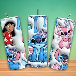 May include: Three stainless steel tumblers featuring characters from the animated film Lilo & Stitch. The tumblers have a white background with blue drips and floral accents. Each tumbler features a different character: Lilo, Stitch, and Angel.
