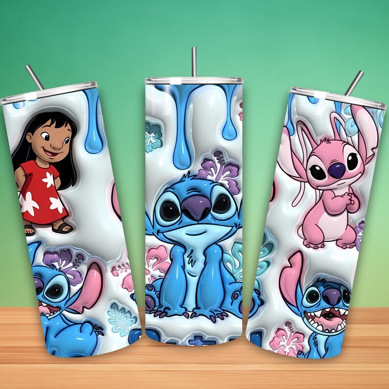 May include: Three stainless steel tumblers featuring characters from the animated film Lilo & Stitch. The tumblers have a white background with blue drips and floral accents. Each tumbler features a different character: Lilo, Stitch, and Angel.