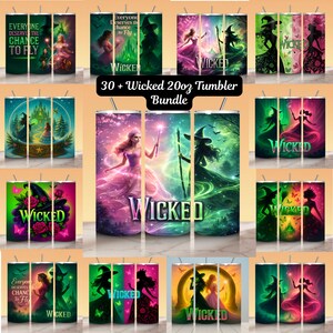 May include: A collection of 20oz tumblers with various designs featuring characters and themes from the musical "Wicked." The tumblers showcase vibrant illustrations of witches, magical scenes, and the text "Wicked" and "Everyone Deserves the Chance to Fly."
